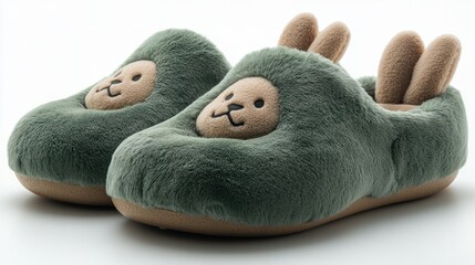 Cute plush bunny slippers in a soft green color, set against a minimalistic white background