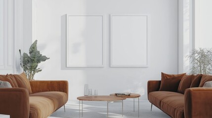 Modern, bright living room with minimalist furniture and two white frames.