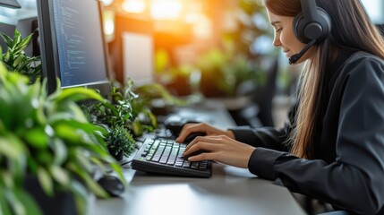 Eager tech support specialist typing rapidly on keyboard, solving a problem with confidence, bright office setting with tech gadgets, copy space for IT troubleshooting success