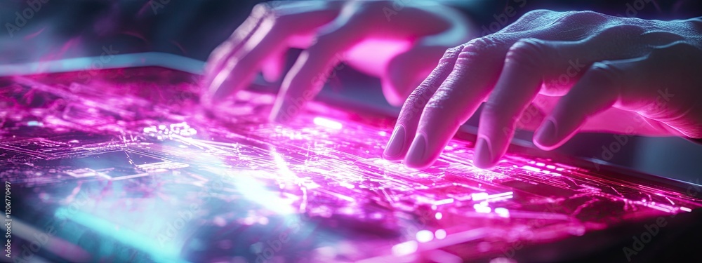 Poster futuristic technology concept with hands interacting with a glowing holographic circuit display in a