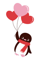 vector illustration of a penguin with heart balloons in the sky for Valentine's Day, wedding, etc.
