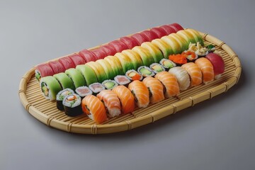 Assorted sushi platter on bamboo tray.