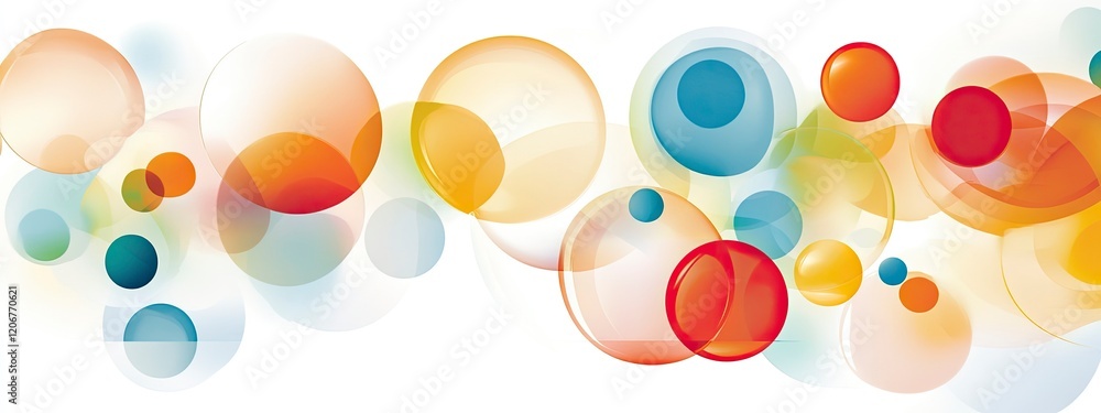 Poster abstract composition of translucent bubbles in varying sizes and colors creating a vibrant, playful 