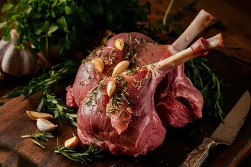 Fresh raw lamb leg ready for roasting with garlic and herbs