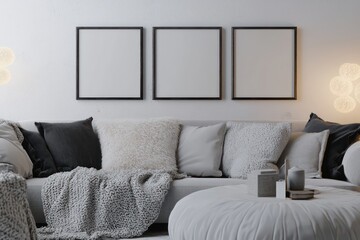 Scandinavian living room with three frames, cozy blanket, and light gray table.