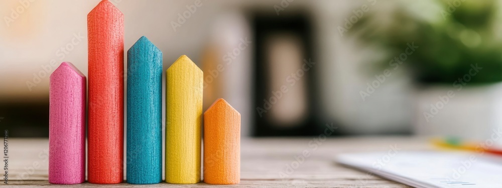 Poster colorful wooden blocks arranged in a bar chart formation representing growth and progress in a moder