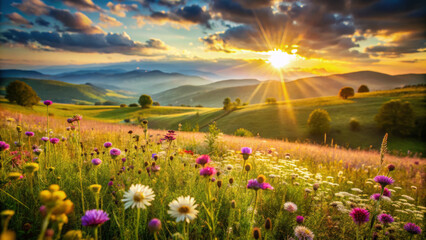 Fototapeta premium Breathtaking sunset over vibrant meadow filled with colorful flowers
