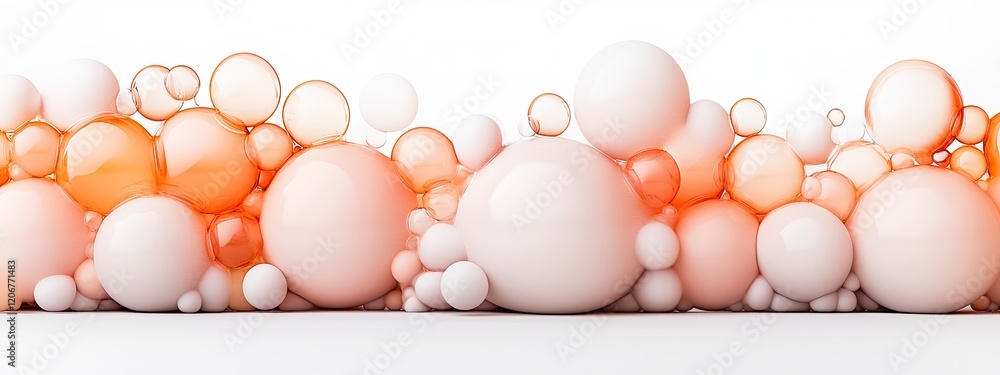 Poster abstract composition of varying sizes of semi-transparent bubbles in warm hues creating a soft, invi
