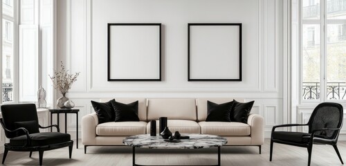 Sleek space featuring black frames, cream sofa, vintage marble coffee table, designer seating.