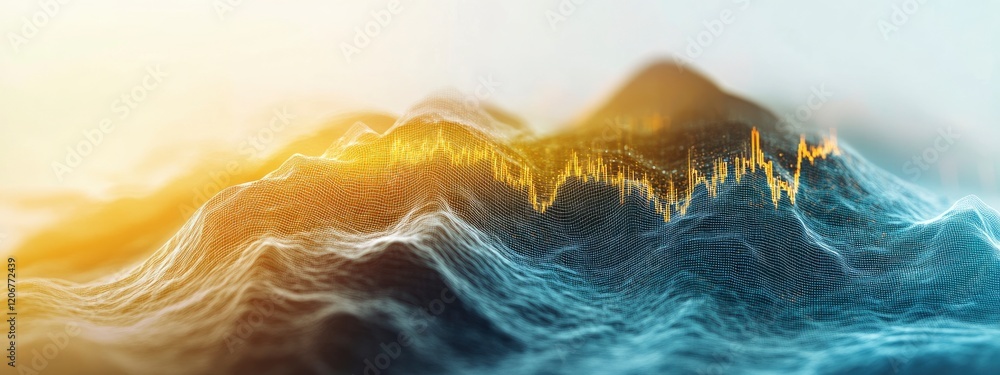 Poster abstract depiction of data visualization showcasing financial trends and market patterns through wav