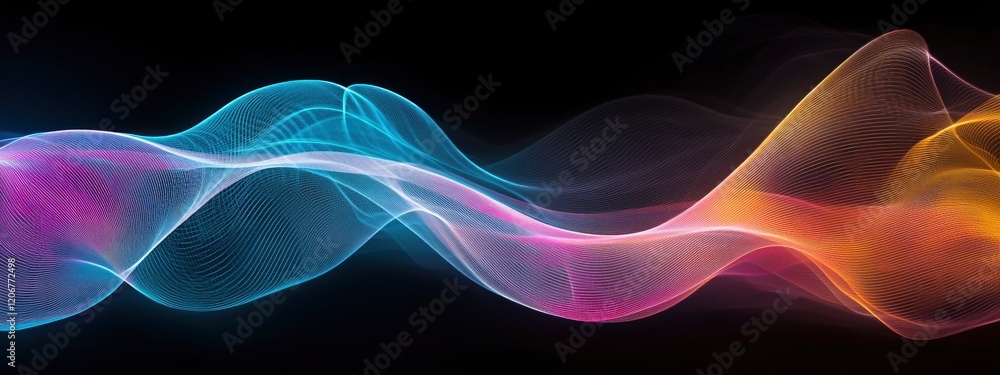 Poster a vibrant abstract representation of flowing waves with luminous colors in a dark background, symbol