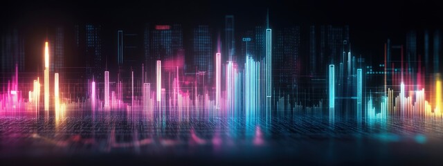 Abstract digital cityscape with vibrant neon lights illuminating the skyline and reflecting on the ground, creating a futuristic atmosphere.