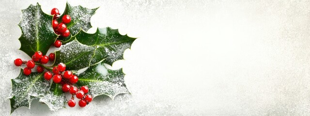 Festive holiday decoration featuring snow-dusted holly leaves and bright red berries against a soft backdrop