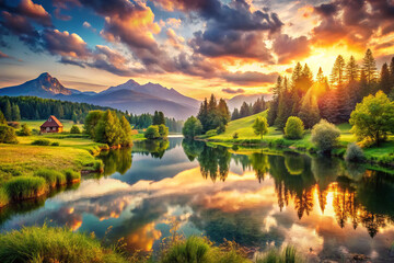 Fototapeta premium Breathtaking landscape with mountains, lake, and sunset reflections