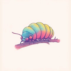 Colorful cartoon-style caterpillar resting on a branch with vibrant shades and whimsical features.