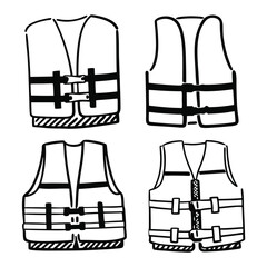 Life Jacket and Safety Vest in Black and White with Multiple Views and Buckle Details