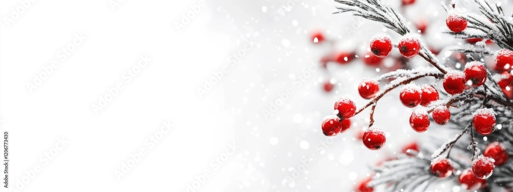 Poster delicate winter scene with red berries and snow-covered evergreen branches creating a serene and fes