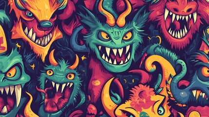Colorful Grotesque Monster Faces Collage Artwork