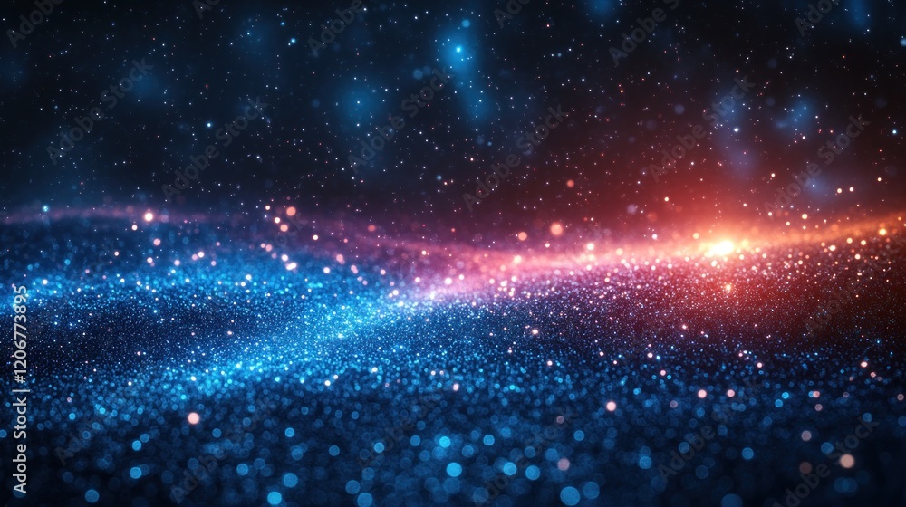 Wall mural abstract cosmic background with blue and red glitter particles.