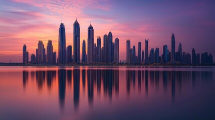 Fototapeta premium Dubai Marina Skyline at Sunrise: A Breathtaking Reflection