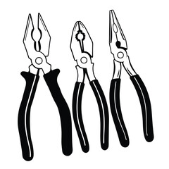 Pliers Set in Black and White Technical Drawing Style for Mechanic's and Industrial Design