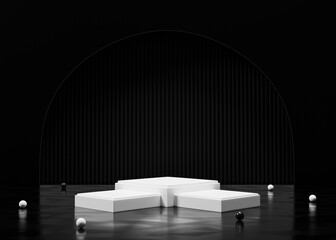 Three white podium with square geometric shapes Isolated with hollow semi circle in black background stage. Platforms for cosmetic product display presentation. Premium stage showcase.
