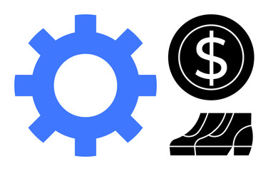Blue gear next to black dollar symbol and chart. Ideal for business, finance, growth strategy, economic analysis, productivity, cost efficiency, and data visualization themes. Abstract line flat