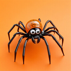 Obraz premium Close-Up of a Black Toy Spider on Bright Orange Background – Playful and Whimsical Stock Image