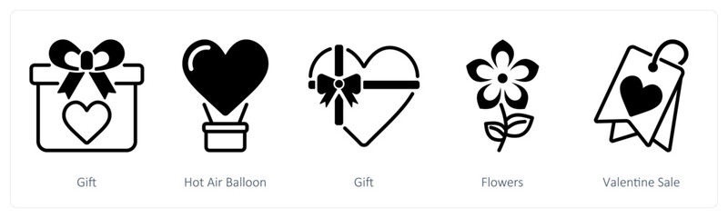 A set of 5 valentine's day icons as  gift, hot air balloon, gift