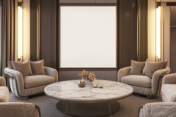 Living room mockup with soft tones, round table, and blank frame.