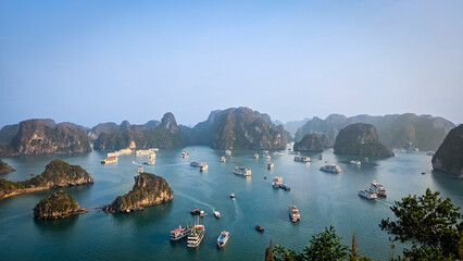 Halong bay cruise ships from ti top view