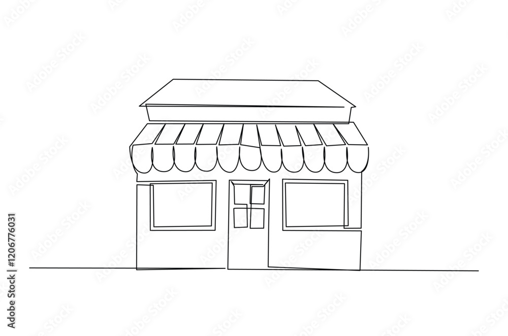 Poster store building in continuous one line drawing. editable vector.