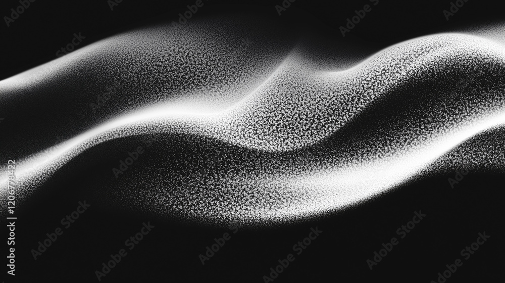 Leinwandbilder Abstract black and white gradient background with grainy texture and soft lighting, featuring curved lines, grain dust, powder particles, and floating effects for a dynamic and minimalistic artistic c