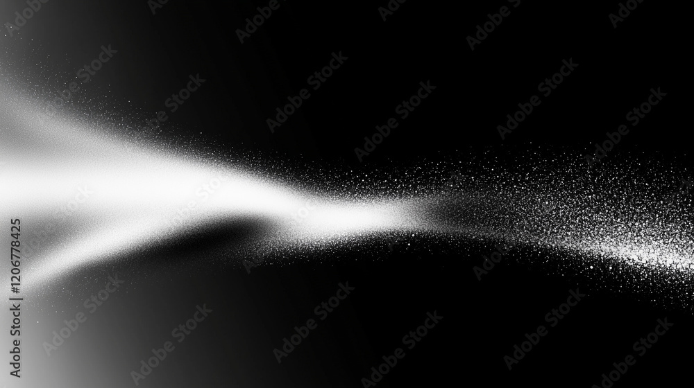 Poster Abstract black and white gradient background with grainy texture and soft lighting, featuring curved lines, grain dust, powder particles, and floating effects for a dynamic and minimalistic artistic c