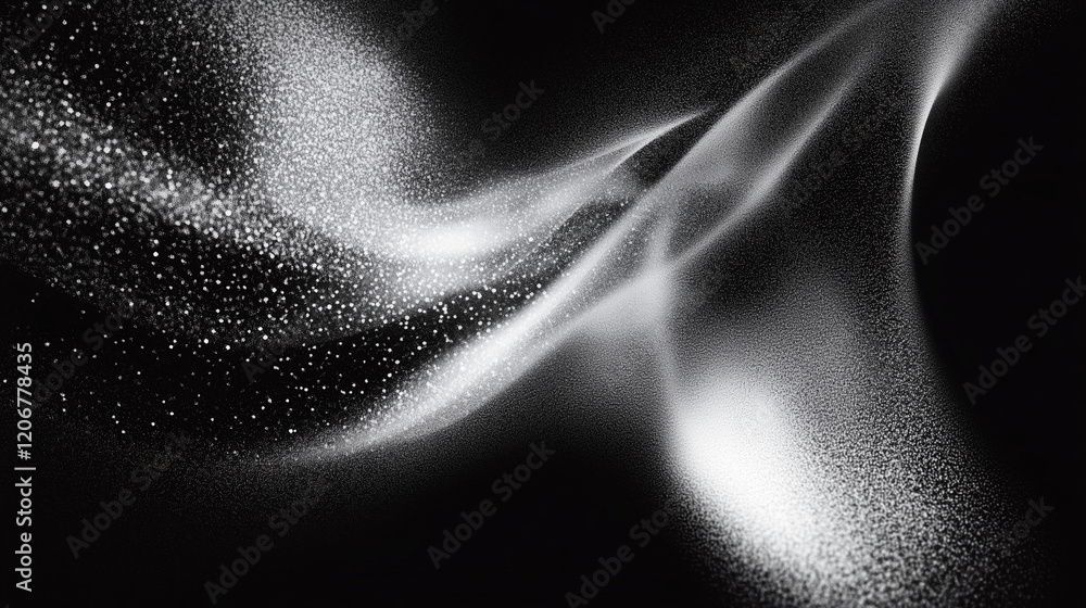Poster Abstract black and white gradient background with grainy texture and soft lighting, featuring curved lines, grain dust, powder particles, and floating effects for a dynamic and minimalistic artistic c