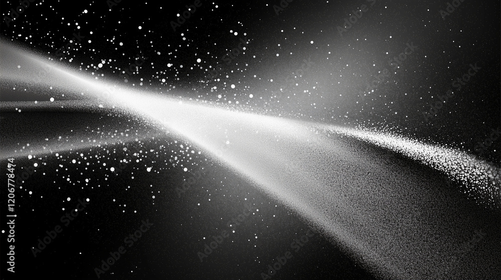 Poster Abstract black and white gradient background with grainy texture and soft lighting, featuring curved lines, grain dust, powder particles, and floating effects for a dynamic and minimalistic artistic c