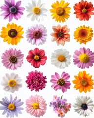 Vibrant Collection of Colorful Flowers Blooming Brightly Isolated on White Background