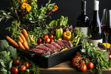 Sliced grilled steak with assorted vegetables and wine.