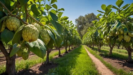 Orchard of Cherimoya Trees Featuring Ripe Fruit Under Dappled Sunlight