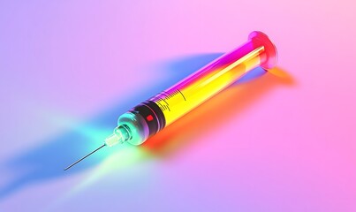 Fototapeta premium Neon-lit syringe, medical injection, studio backdrop, healthcare