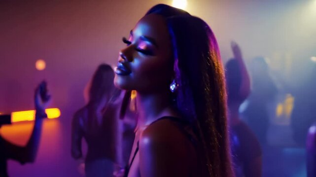 Young beautiful woman dancing sensually in a night club. Close-up portrait. A close-up of a beautiful woman dancing, radiating joy and energy in the club.