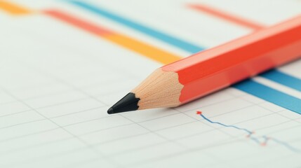 A close-up of a sharpened red pencil resting on a lined sheet, with colorful graph lines in the background, suggesting a focus on creativity or analysis.