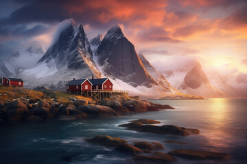 Fototapeta premium Breathtaking winter sunset sky over Lofoten Islands, with vibrant colors, snow-covered peaks, and tranquil waters, Norway.