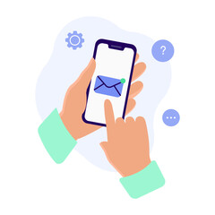 image hand holding phone and сhecking messages smartphone. Concept vector illustration. Notification on smartphone screen. Unread new message. Sending messages phone