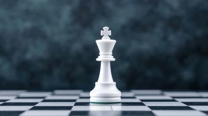 A solitary white king chess piece stands prominently on a chessboard, symbolizing strategy and competition.