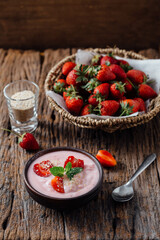 Strawberry Yogurt on wooden background