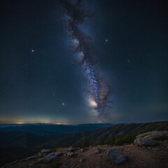 "A galaxy seen from a serene mountaintop with clear starlit skies."