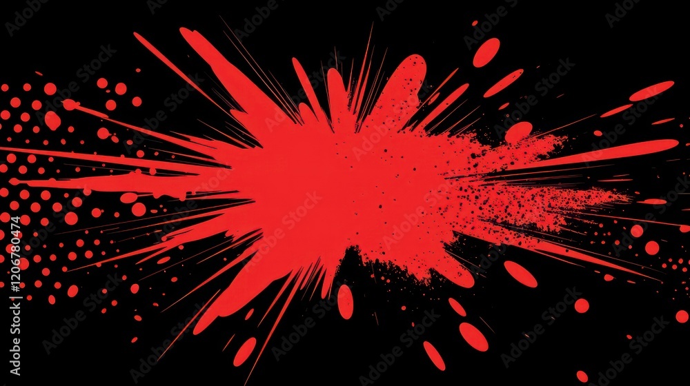 Poster vibrant red explosion halftone graphic with dynamic lines polka dots on black background