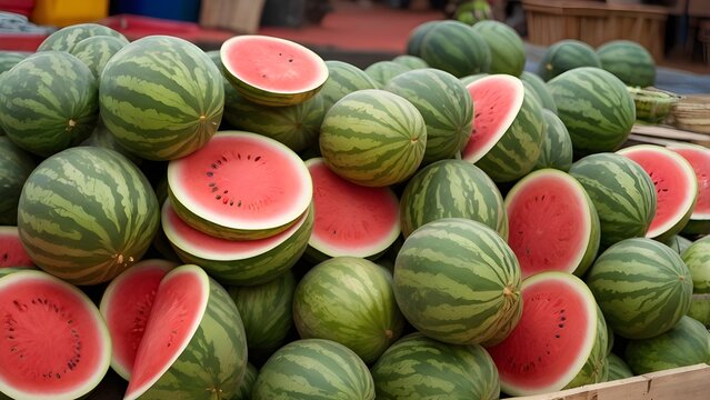 Red ripe watermelon cut in half on a pile of ripe watermelons in the field. A red cut watermelon view from above.