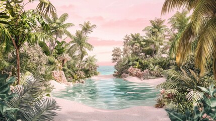 Fototapeta premium Tranquil Tropical Paradise with Lush Greenery and Serene Waters at Sunset
